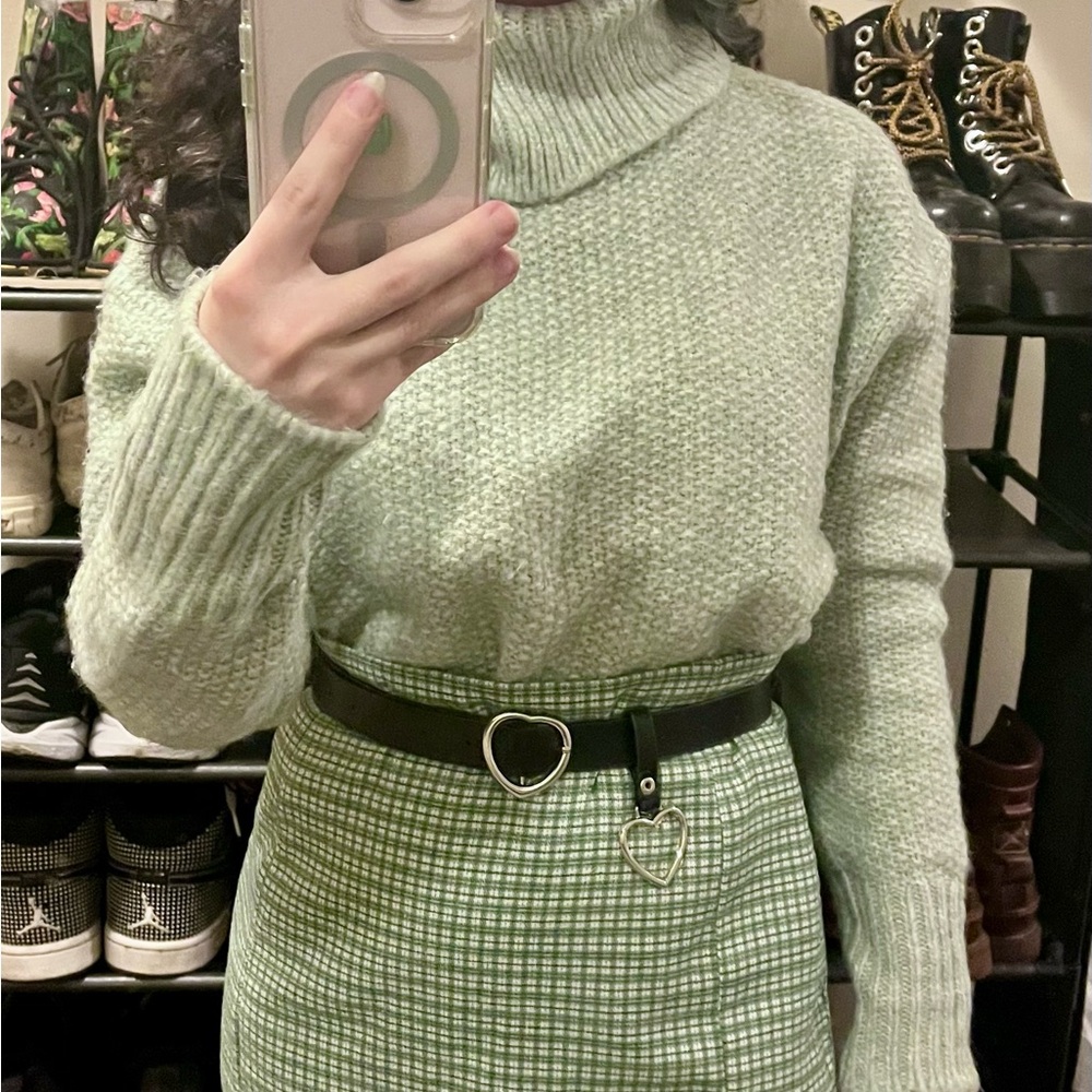Mango Green Cowl Neck Sweater with Ribbed Texture